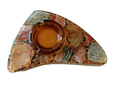  VINTAGE GREEN GOLD LUCITE STONE BOOMERANG ATOMIC ASHTRAY AMBER GLASS MCM RETRO picture