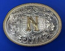 Custom Initial monogram Letter N on vintage two tone Justin Boot co. belt buckle picture