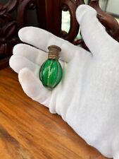 19c.Antique French Miniature Perfume Glass Bottle Melon Poison Green Gold Stripe picture