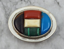 Old Pawn Signed Native American Multi Stone Belt Buckle Sterling Vintage picture