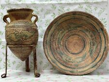 Vintage Amphora Set with Metal Stand & Dish Handmade Pottery Art picture