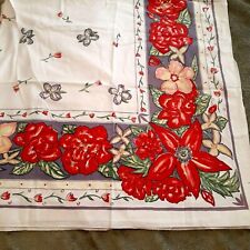 Vtg Linen Tablecloth Bright Bold Flowers Red Purple Border 54x54 50s 60s picture