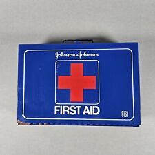 Vintage Johnson Johnson First Aid Kit #8161 Blue Metal Box Supplies Guide 1986 picture