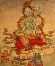 Rare Tibet 1800s Old Antique Buddhism Gilded Tsakli Tsaklis Thangka Green Tara picture