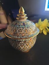 Vintage Thai Benjarong porcelain ginger jar w/ lid hand painted gold tone trim picture