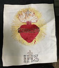 Vintage Sacred Heart IHS Embroidered Linen Piece  picture