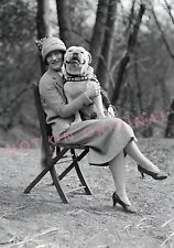 Vintage Old 1930's Photo Reprint of Woman Holding Big Pitty PITBULL Dog on Chair picture