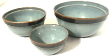 Treasure Craft Pottery Mixing Bowl Set of 3 Teal Blue Brown Speckled  Vintage picture