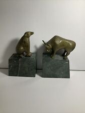 L👀K Wall Street Bear and Bull Brass Bookend Set Stock Market Heavy Marble Base picture