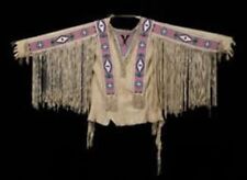 Old Style Beige Buckskin Suede Hide Fringes Beaded Powwow War Shirt NHS03 picture