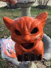 VTG. Antique Halloween “Cat On the Fence” Pulp LANTERN W/ Inserts~Papier-mâché picture