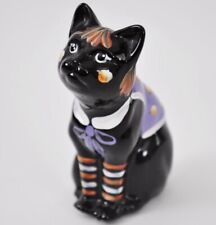 FENTON Black Glass Cat Painted in Halloween Clothing  Signed S Waters picture
