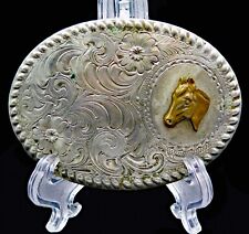 Horse Head Western Filigree Wages German Silver Vintage Belt Buckle picture