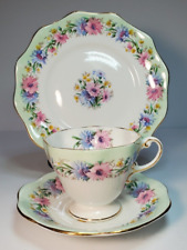 EB Foley Cornflower Teacup Saucer & Plate Floral Green Blue Pink England Footed picture