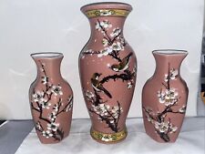 Vintage Pink Sakura Flowers Pink Ceramic Vase  Asian Style Cherry Blossom 3pc picture