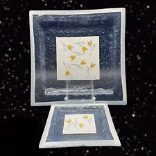 Fused Art Glass Plate set 2 Hand Painted Flowers 2001 Marked 9.5”W 5.5”W picture