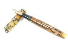 VINTAGE SWAN MABIE TODD FOUNTAIN PEN Cracked Ice Pearl Marble Yellow Brown *Rare picture