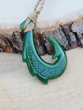 Hawaiian Natural Jade Fish Hook Necklace Hand Carved Jade Hook Adjustable Choker picture