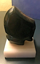 INTERESTING Onyx HEAD paperweight, Black Aztec? head on white base, 4