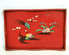 Wood Painted Serving Tray with Birds & Flower Decorations Red Shabby Vintage picture