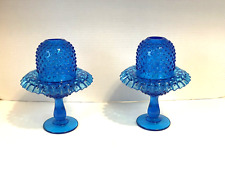 Set of 2 Vtg Fenton Colonial Blue Hobnail Pedestal Fairy Lamps No Insert Magical picture