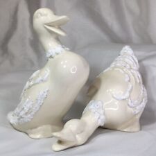 10 & 8.7”Snowy Duck Pair Figurine, Vintage Glazed Ceramic, Hand Paint & Signed❤️ picture