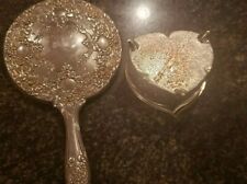 Vanity Lot Silver Company Hand Mirror Heart Metal Jewelry Trinket BOX Casket picture