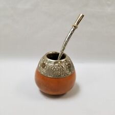 Industria Argentina Vintage Silver Yerba Matte Tea Gourd Cup & Tea Stir Straw^ picture