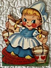 Unused Valentine Girl Dutch Pail Water Carry Vintage Greeting Card 1930s 1940s picture