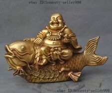 China Buddhism brass Wealth Yuanbao Money Ride Fish Lucky Maitreya buddha Statue picture