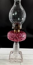 Antique Rare Hobbs Cranberry Opalescent Seaweed Pedestal Oil Lamp Etched Chimney picture