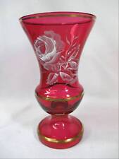 ARTIST SIGNED MARY GREGORY STYLE CRANBERRY  GLASS VASE WITH HAND-PAINTED WHITE  picture