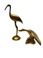 Vintage Pair Brass Crane Egret  Heron Bird Figurines 9” & 4” Korea & India picture