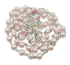 Pink Pearl Beads Rosary  Flowers Beaded Necklace Lourdes Medal & Crucifix picture