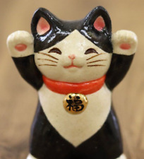 Japanese Handmade Lucky Cat Maneki Neko Black White Hachi Pottery SETO ware Gift picture