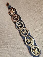 6 ANTIQUE EQUESTRIAN BRASS MEDALLION HORSE BRASSES ON 17”HARNESS picture