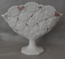 Milk Glass Painted Fan Pedestal Vase Old Quilt by Westmoreland picture