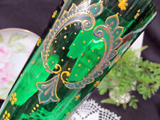 Antique Moser  glass Victorian painted flowers large vase green bottle 1920s picture