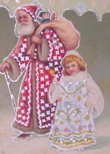 Santa Claus Stars Robe Child Silver Gilt Vintage Christmas Postcard Germany picture