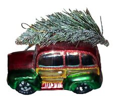 Hand Blown Glass Ornament Woody Station Wagon 4 1/2 Inches Long ￼ picture