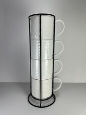 Over And Back White Embossed Design 4 Stackable Mugs With Metal Holder picture