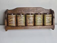 Vintage Tin Spice Containers On Wood Spice Rack picture