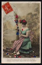 BT042 BEAUTIFUL LADY FLOWERS in the COLORS of FRENCH FLAG Tinted PHOTO pc 1908 picture
