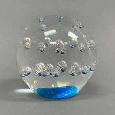 Clear Glass Blue Bubbles Round Paperweight  picture
