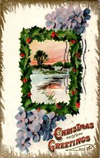 Christmas Greetings, Lake Scene, Flowers, 1910 Embossed Postcard picture