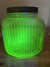 Vtg HOOSIER Square Cookie Jar Canister Green Lid Ribbed Depression Uranium Glass picture