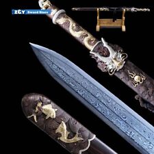 Damascus Folded Steel Chinese Handmade Sharp Sword Superior Ebony Dragon King  picture