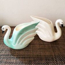 VTG MCM Art Deco Swan Planter Vase Lot of 2 - Hand Painted Ceramic Japan picture