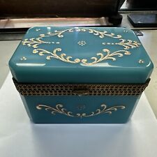 Antique Gilded Blue Opaline Rectangle Glass Box Rare picture