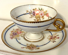 Lamoges C. Ahrenfeldt france Cup and Saucer Gold Trim Floral Blue Ring picture